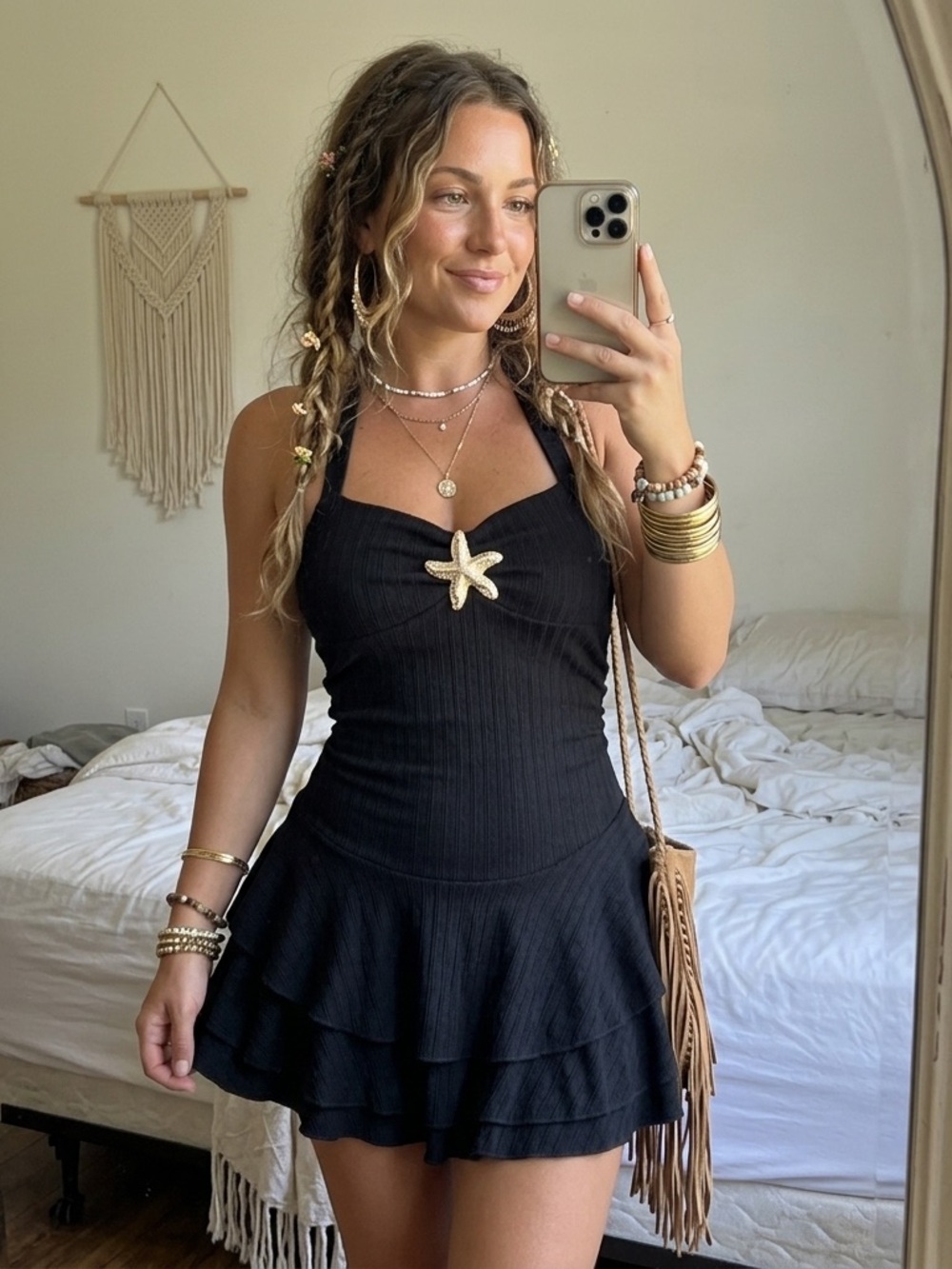 Baby Doll Halter Mini Dress Black Starfish Detail Beach Resort Summer Boho Dress
